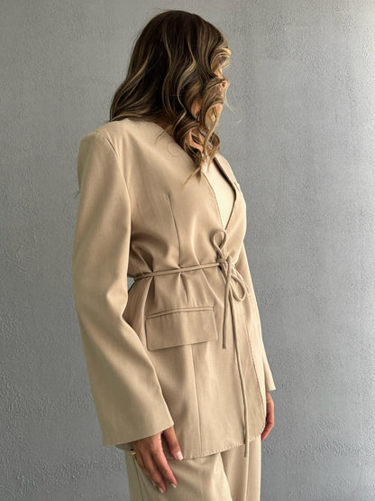 7662 Beige Blazer Set With Pants For Women