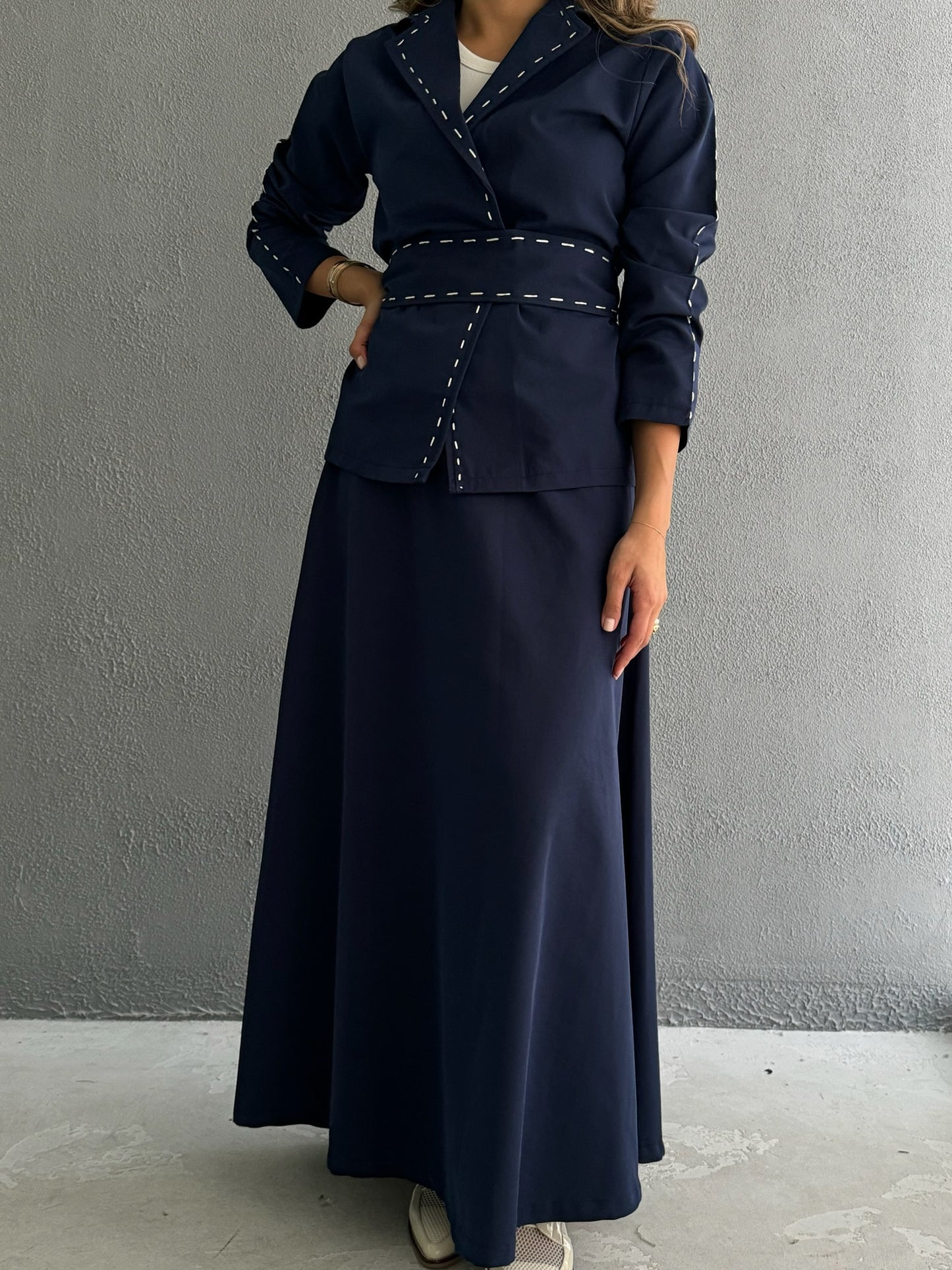 7684 Navy Jacket Set With Skirt And Belt For Women