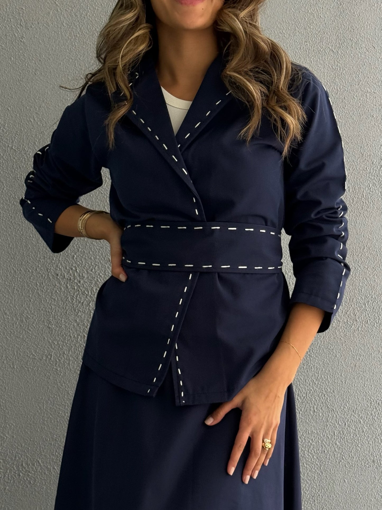 7684 Navy Jacket Set With Skirt And Belt For Women