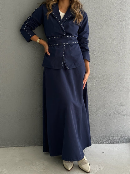 7684 Navy Jacket Set With Skirt And Belt For Women