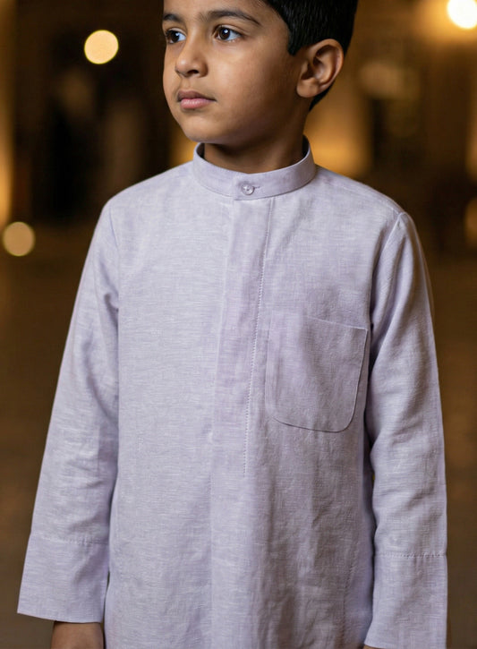 دشداشة الجزيرة الكتانية باللون الرمادي الفاتح للأطفال