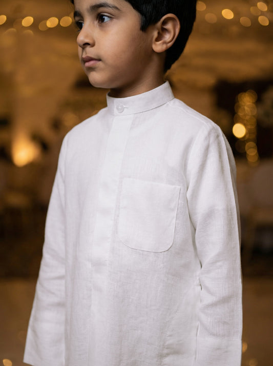 دشداشة بيضاء من الكتان السكرى الجزيرة للأطفال