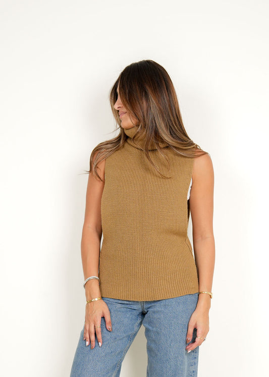 7515 Khaki Sleeveless Turtleneck Knit Sweater For Women FW1-23
