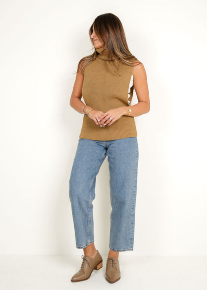 7515 Khaki Sleeveless Turtleneck Knit Sweater For Women FW1-23