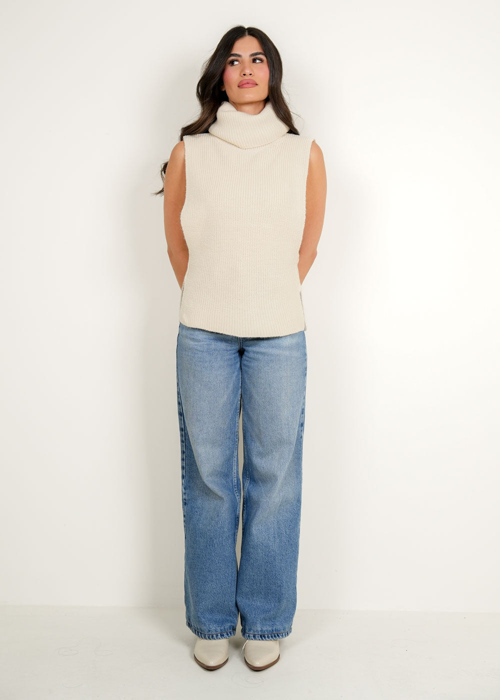 7515 Off White Sleeveless Turtleneck Knit Sweater For Women FW1-23