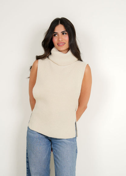 7515 Off White Sleeveless Turtleneck Knit Sweater For Women FW1-23