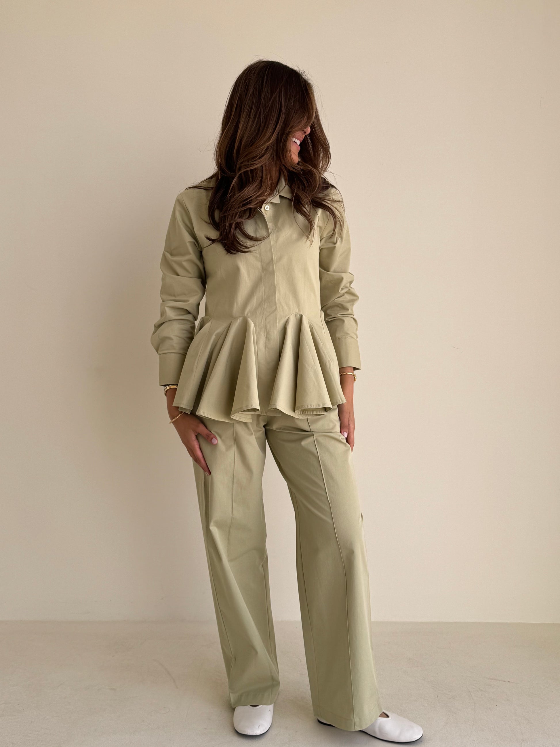 8187 Light Olive Shirt And Pants Set For Women