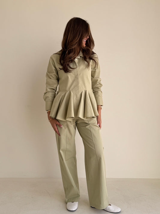 8187 Light Olive Shirt And Pants Set For Women