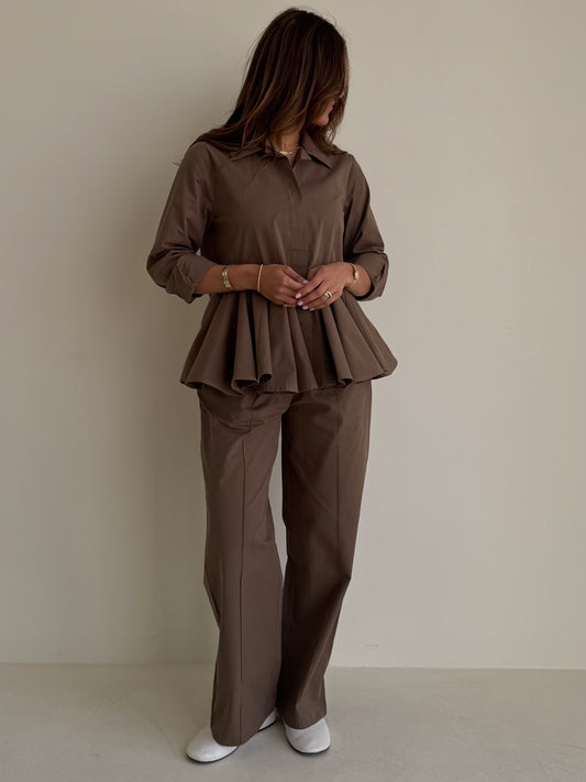 8187 Khaki Shirt And Pants Set For Women