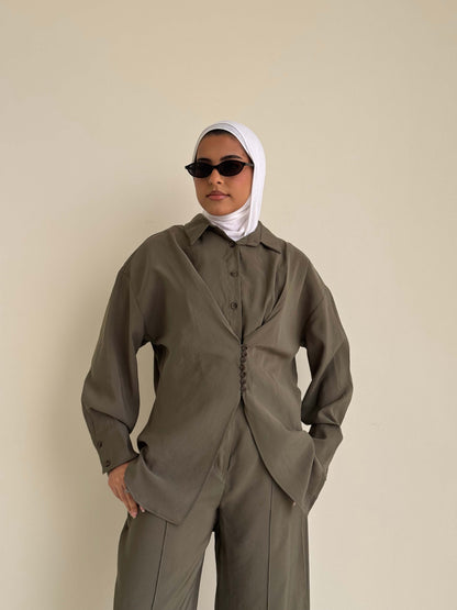 8221 Dark Green Shirt And Pants Set For Women
