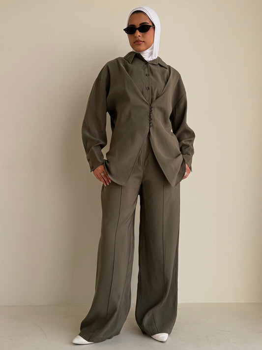 8221 Dark Green Shirt And Pants Set For Women