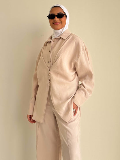 8221 Beige Shirt And Pants Set For Women