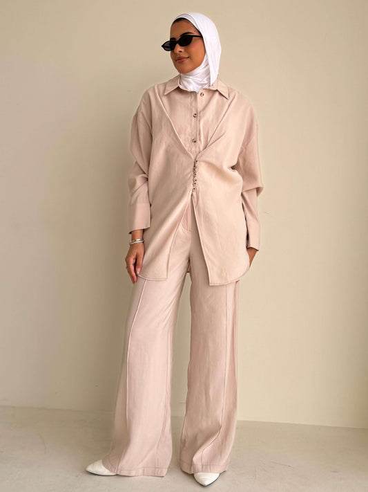 8221 Beige Shirt And Pants Set For Women