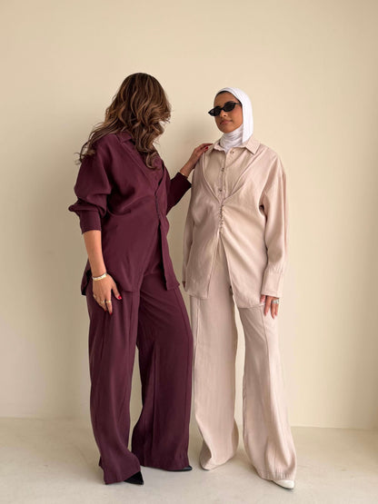 8221 Burgundy Purple Shirt And Pants Set For Women