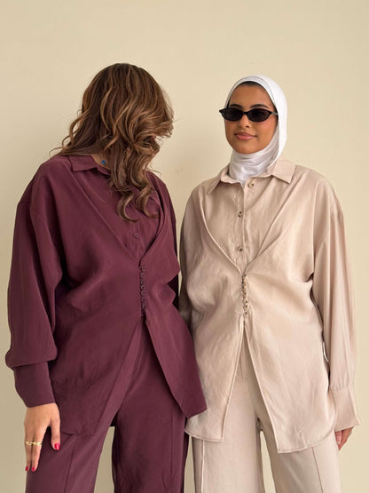 8221 Burgundy Purple Shirt And Pants Set For Women