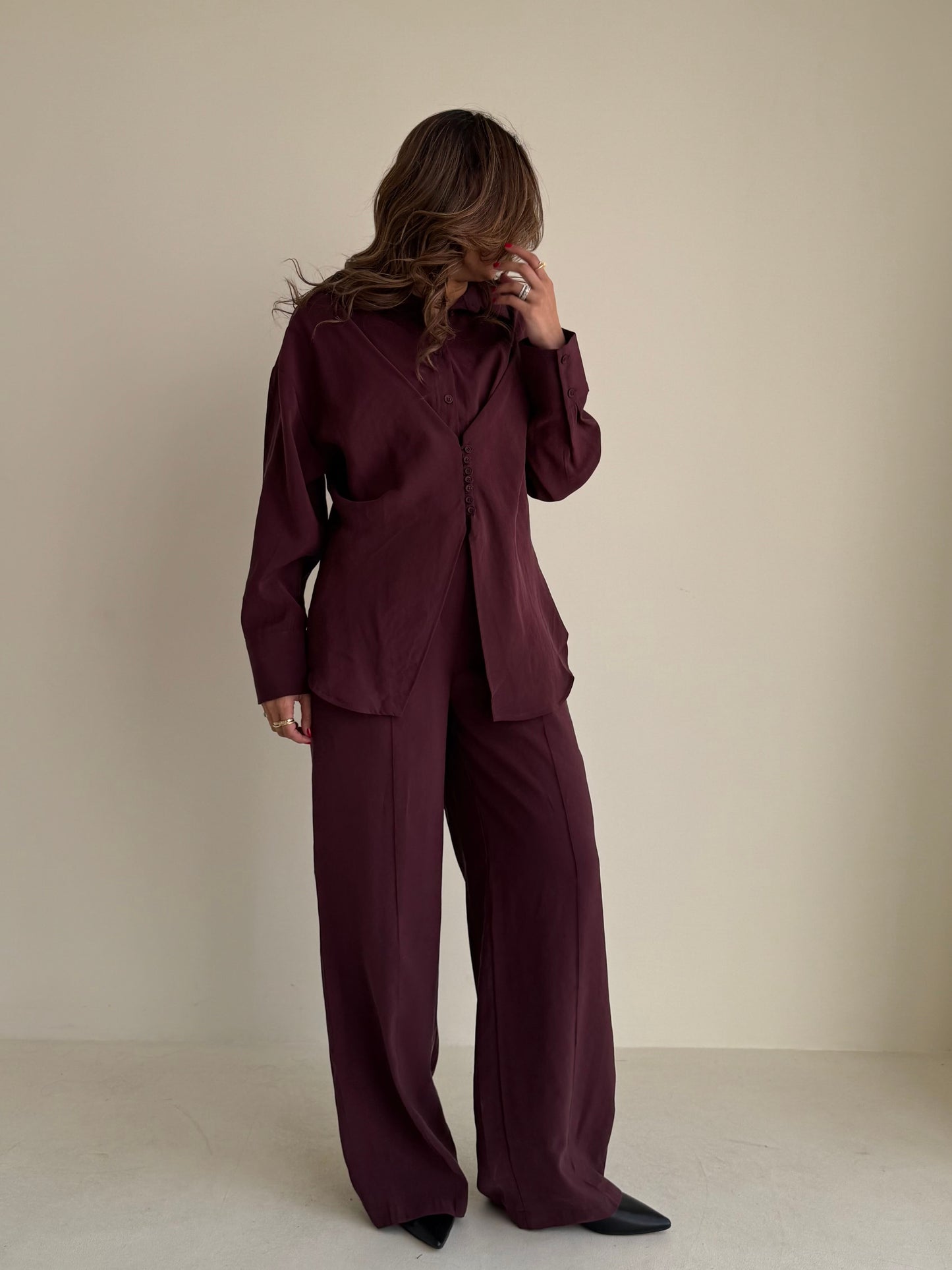 8221 Burgundy Purple Shirt And Pants Set For Women