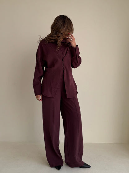 8221 Burgundy Purple Shirt And Pants Set For Women