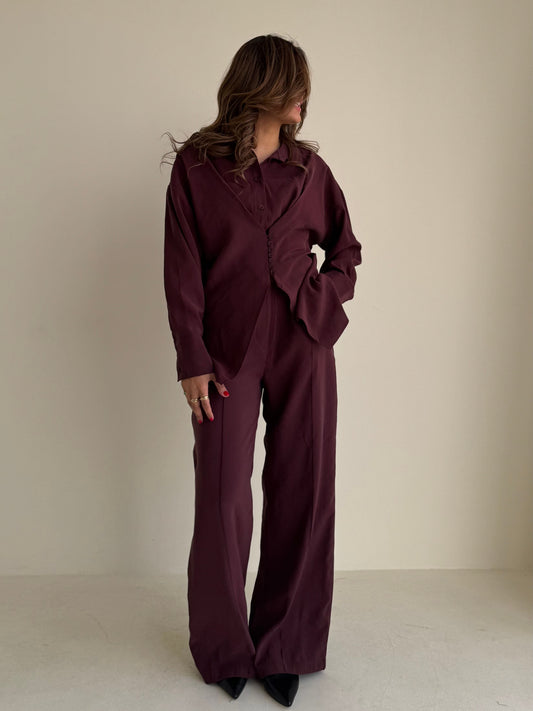 8221 Burgundy Purple Shirt And Pants Set For Women
