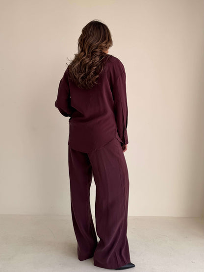 8221 Burgundy Purple Shirt And Pants Set For Women