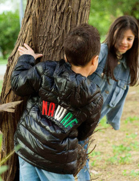 Black National Day Winter Jacket With Hoodie For Kids (With Name Embroidery)