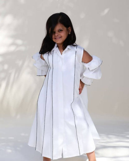 White And Black Piping With Shoulder Cut Dress For Girls