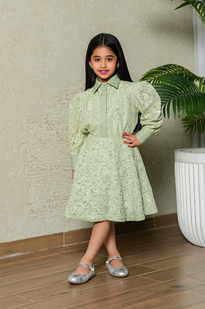 8161 Light Green Top And Skirt Set For Girls