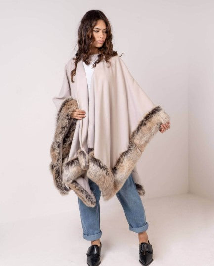 Beige Fur Eskimo Cape For Women (With Name Embroidery Option)