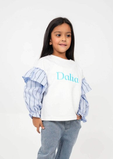 White And Blue Sleeves Top For Girls