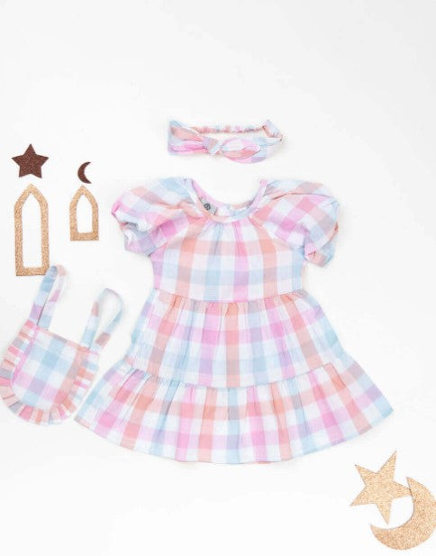 Light Pink Gergean Dress With Bag For Newborn