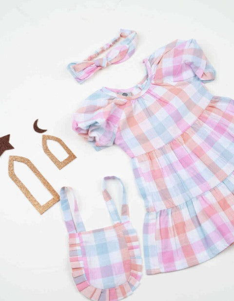 Light Pink Gergean Dress With Bag For Newborn