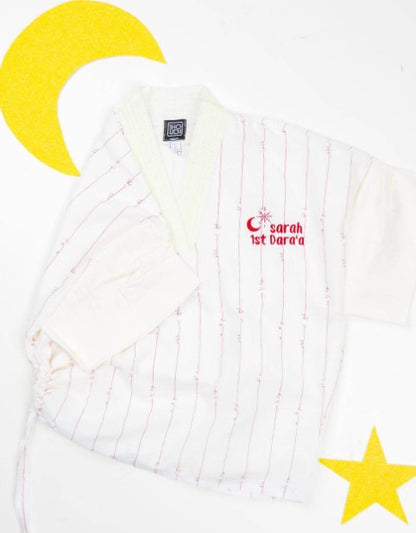 White Kimono With Maroon Arabic Font Dress For Newborn