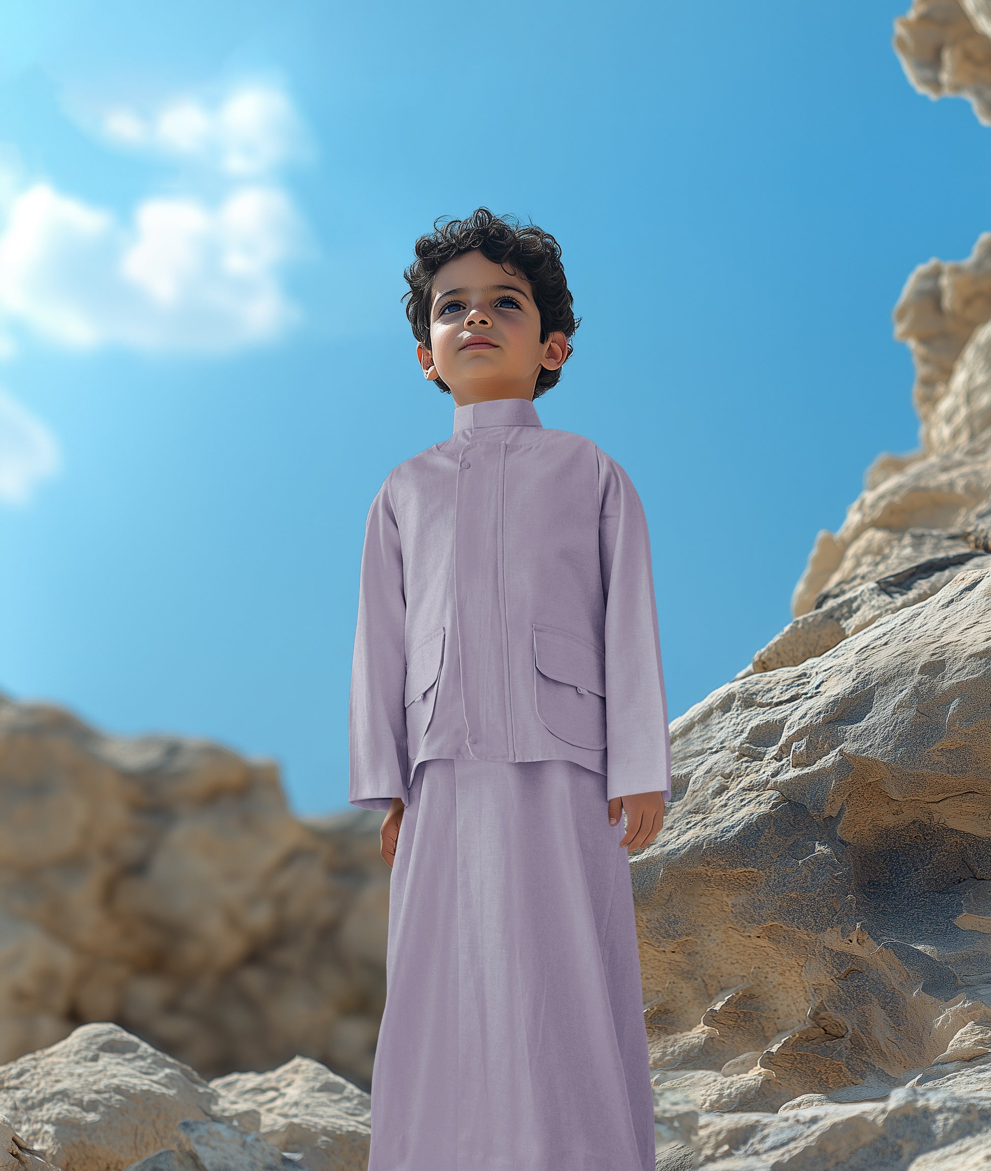 طقم دشداشة رصاصي فاتح مع صدرية وحقيبة D1 