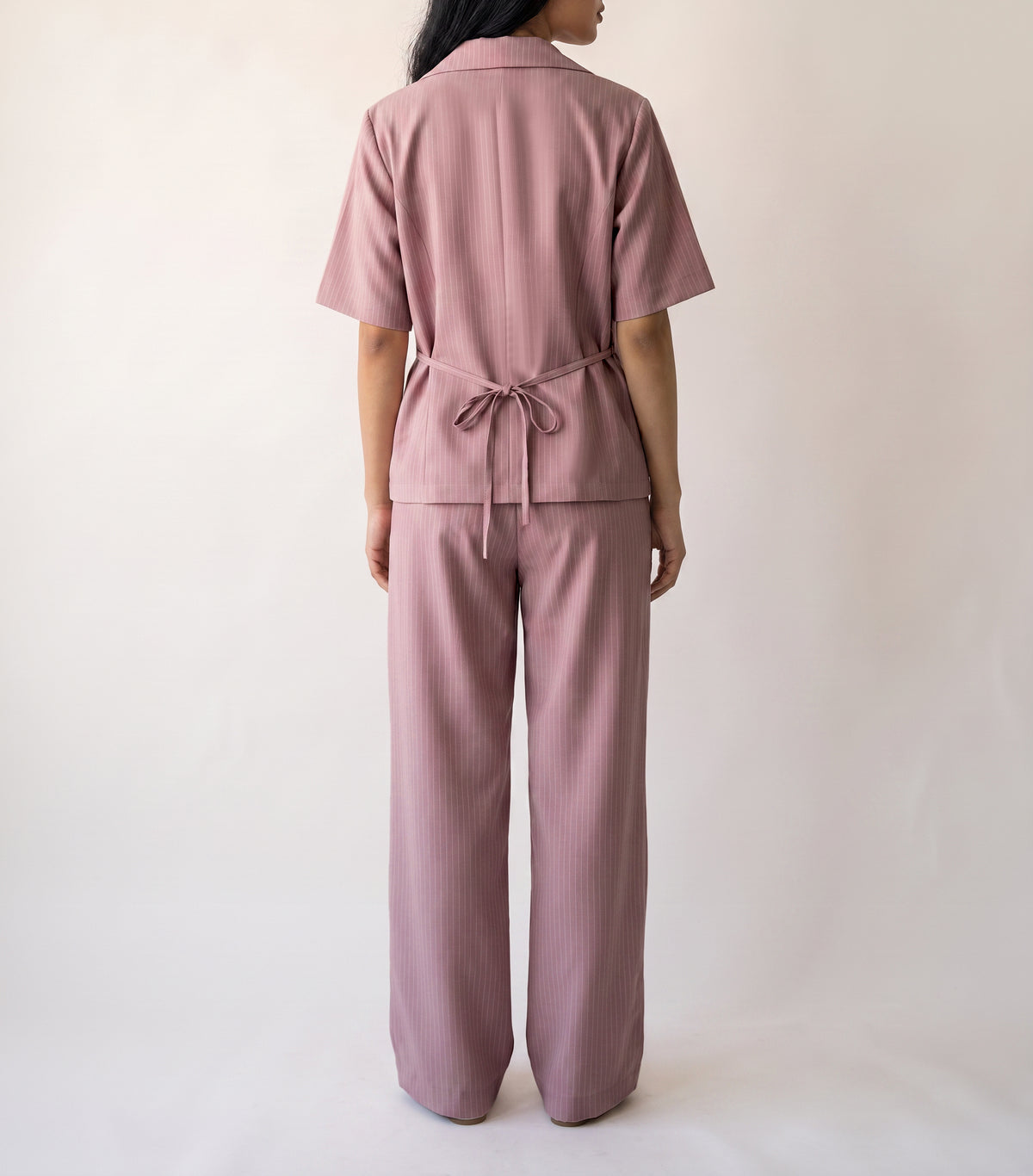 8274 Rose Pink Striped Jacket And Pants Set For Women