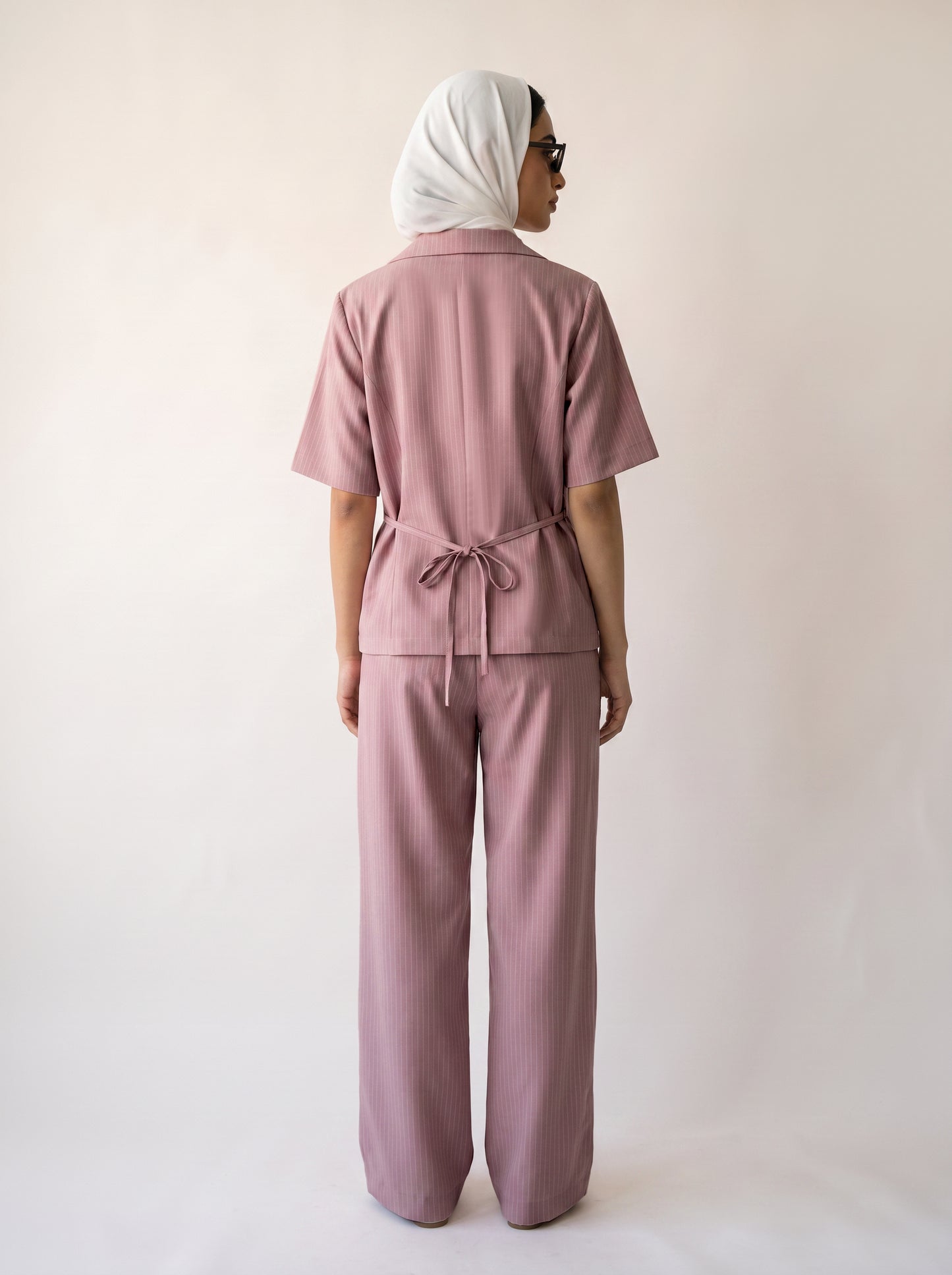 8274 Rose Pink Striped Jacket And Pants Set For Women