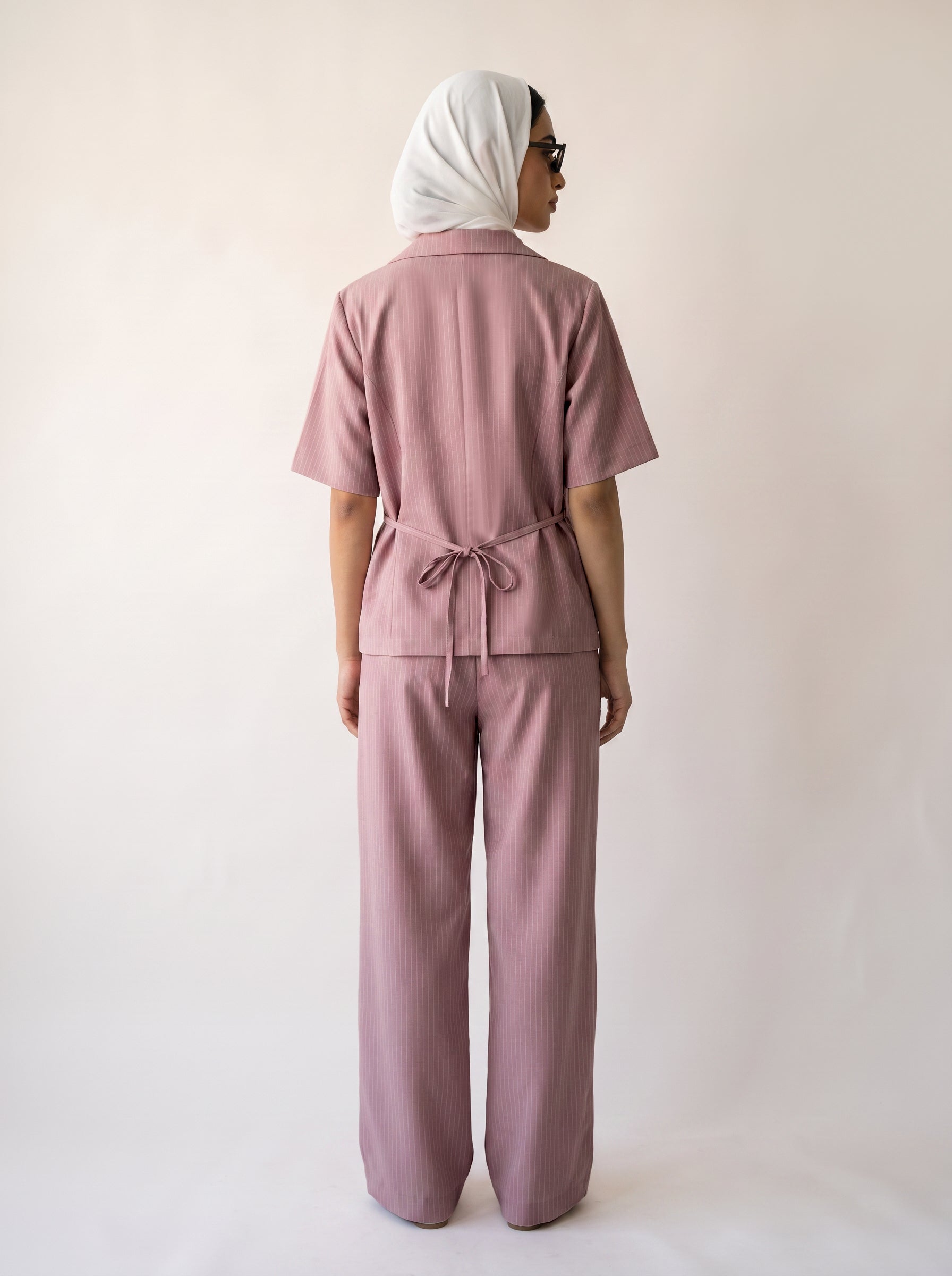 8274 Rose Pink Striped Jacket And Pants Set For Women