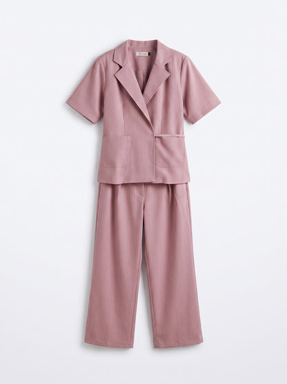8274 Rose Pink Striped Jacket And Pants Set For Women