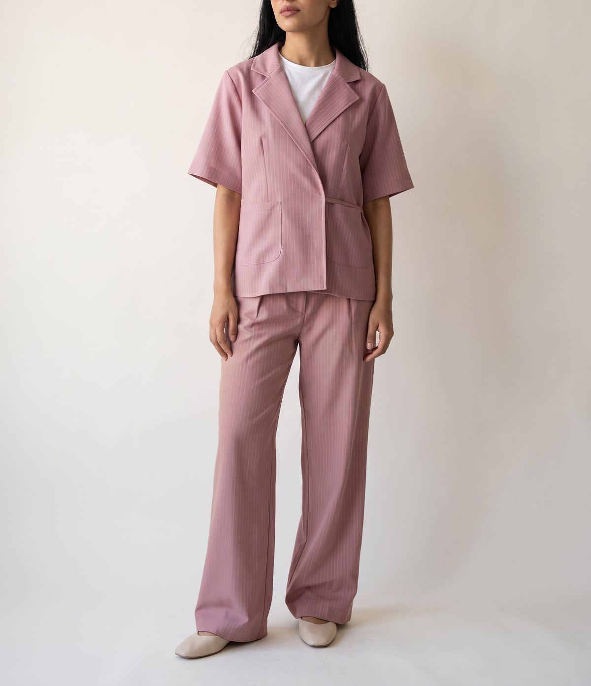 8274 Rose Pink Striped Jacket And Pants Set For Women