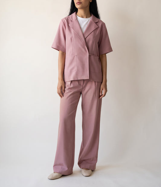 8274 Rose Pink Striped Jacket And Pants Set For Women