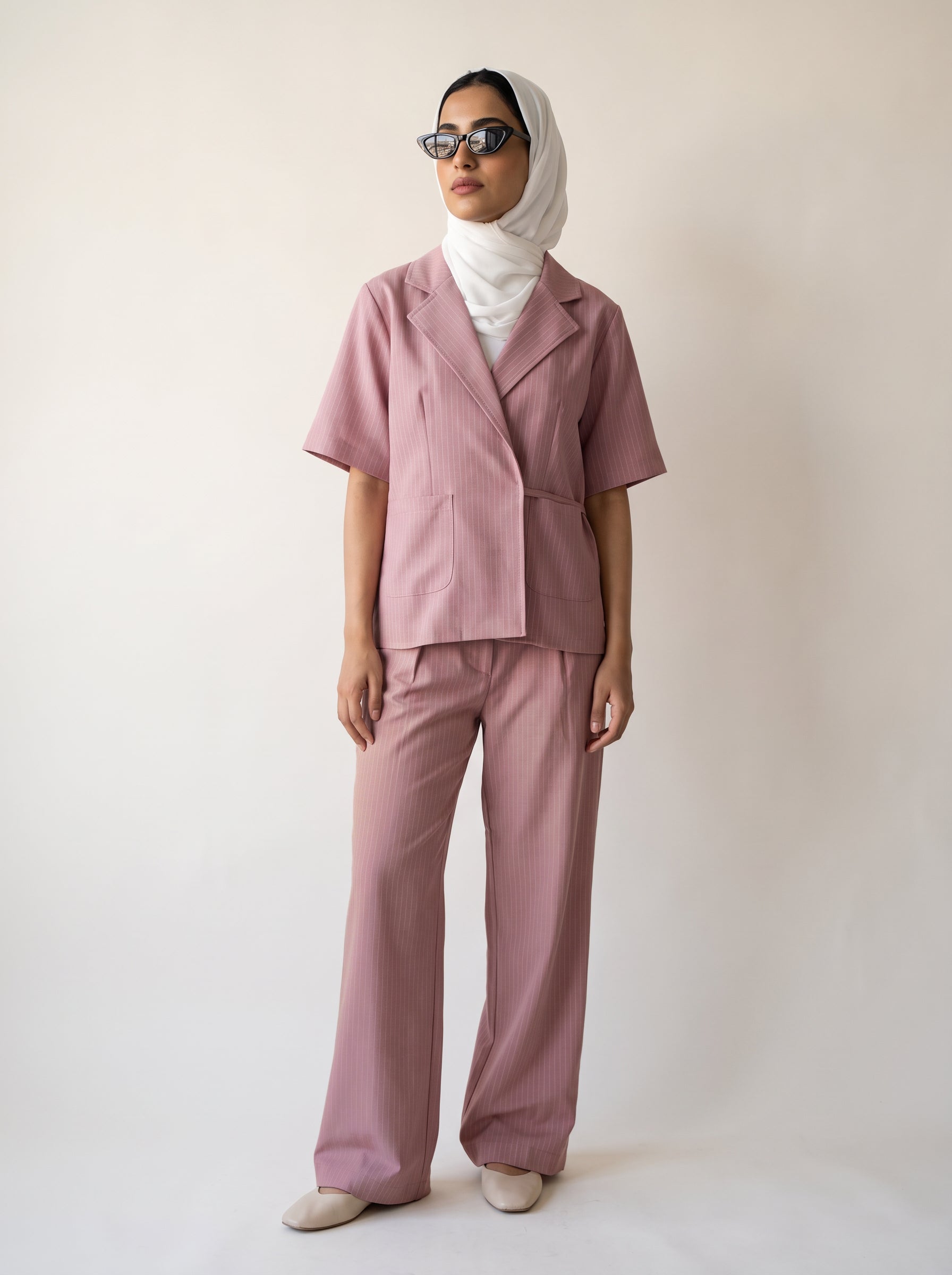 8274 Rose Pink Striped Jacket And Pants Set For Women