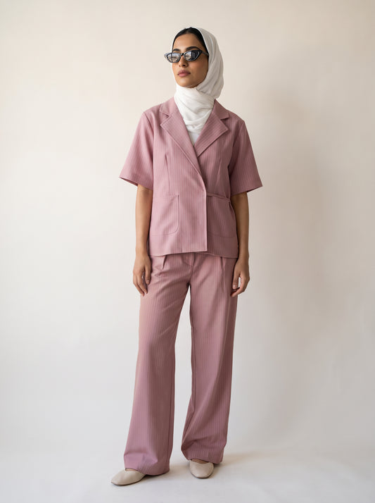 8274 Rose Pink Striped Jacket And Pants Set For Women