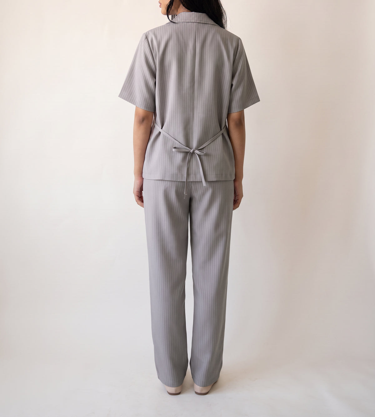 8274 Dove Grey Striped Jacket And Pants Set For Women