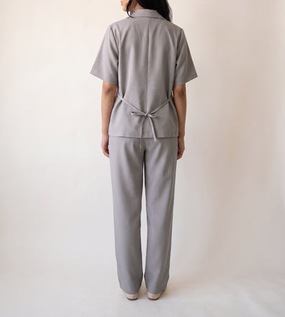 8274 Dove Grey Striped Jacket And Pants Set For Women