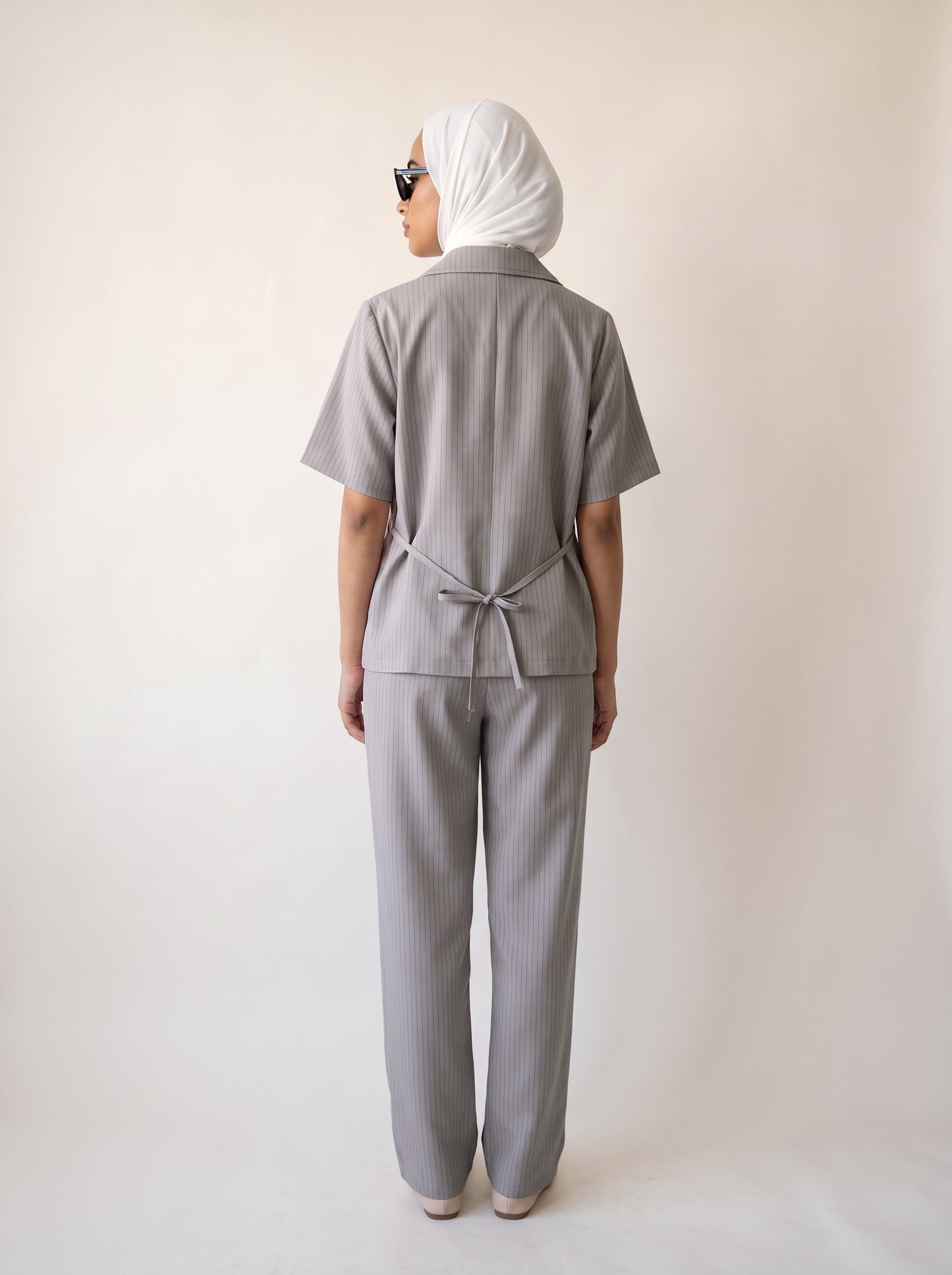 8274 Dove Grey Striped Jacket And Pants Set For Women