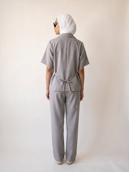 8274 Dove Grey Striped Jacket And Pants Set For Women