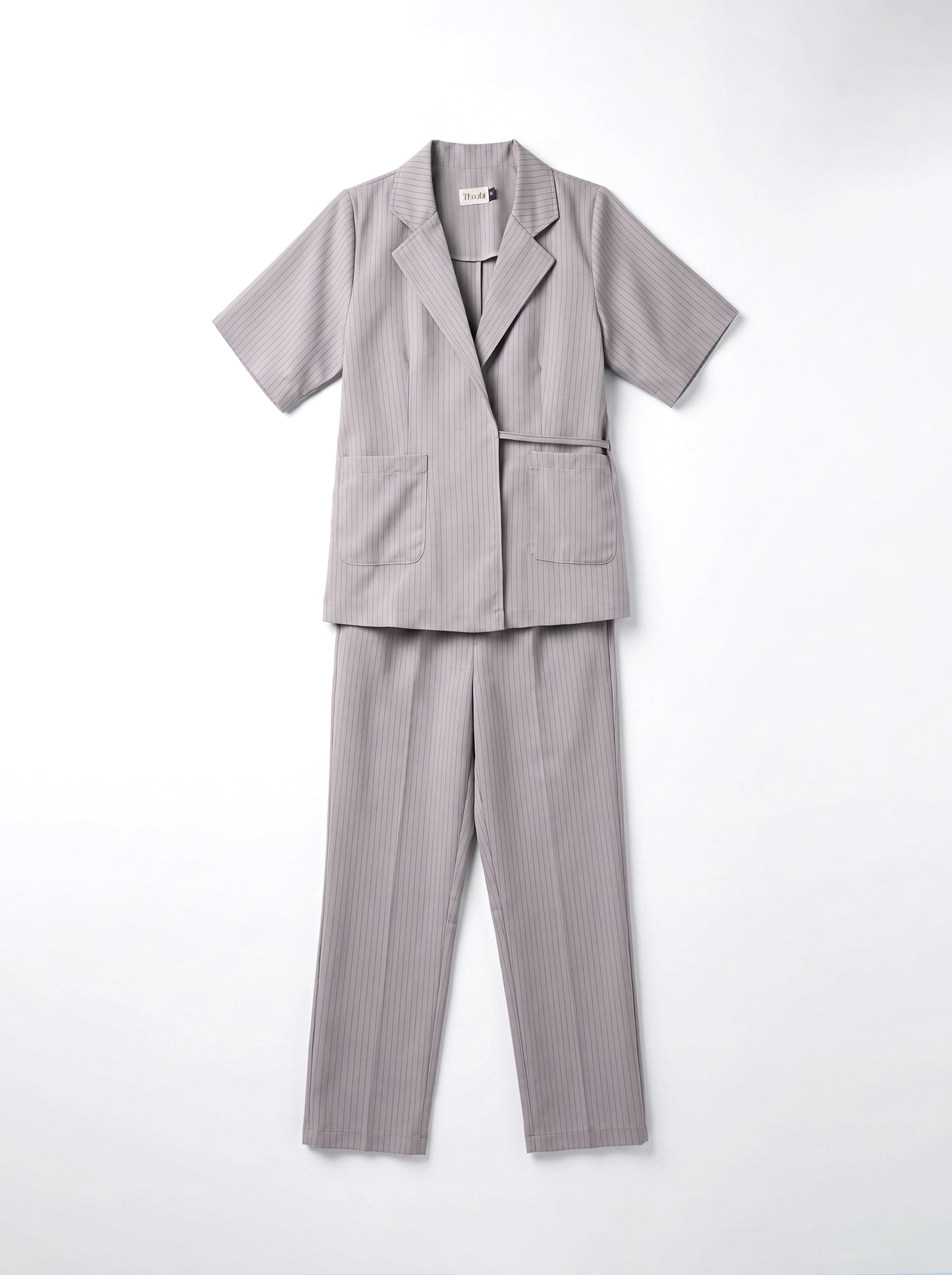 8274 Dove Grey Striped Jacket And Pants Set For Women