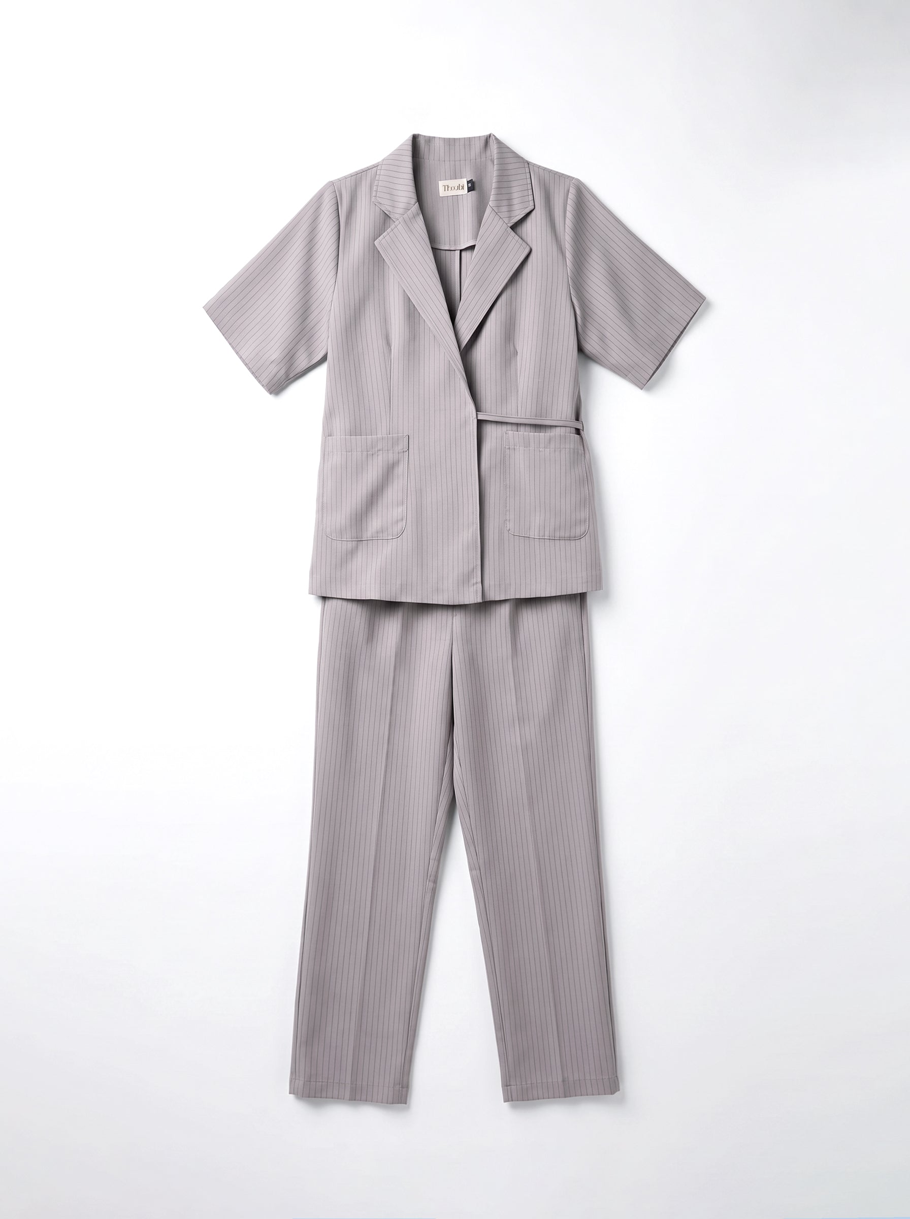 8274 Dove Grey Striped Jacket And Pants Set For Women