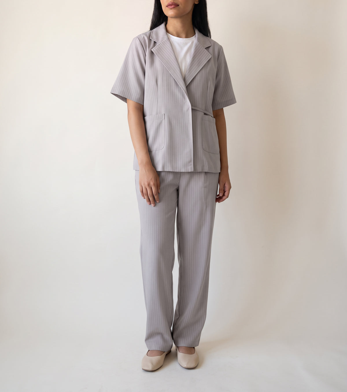 8274 Dove Grey Striped Jacket And Pants Set For Women