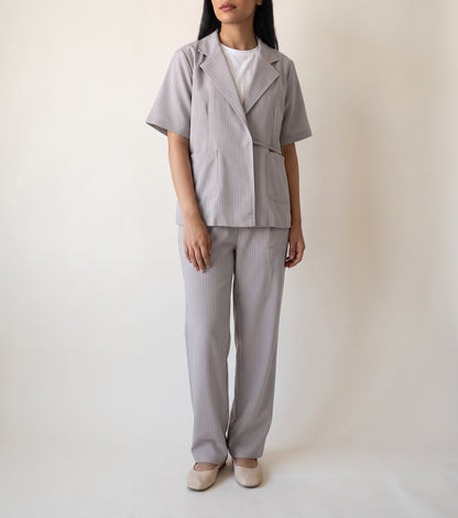 8274 Dove Grey Striped Jacket And Pants Set For Women