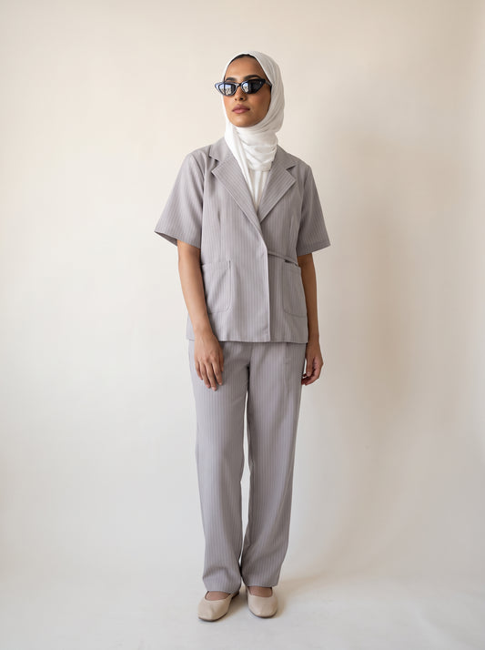 8274 Dove Grey Striped Jacket And Pants Set For Women