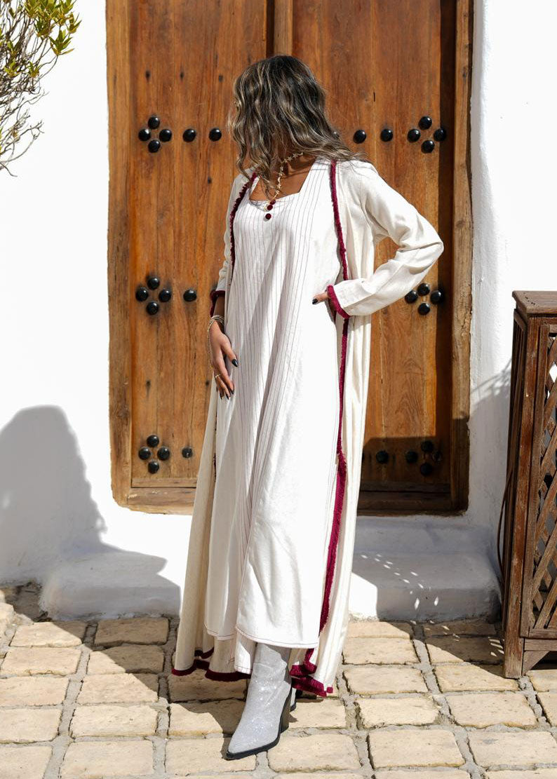 7751 Light Beige Daraa Set With Maroon Lines For Women